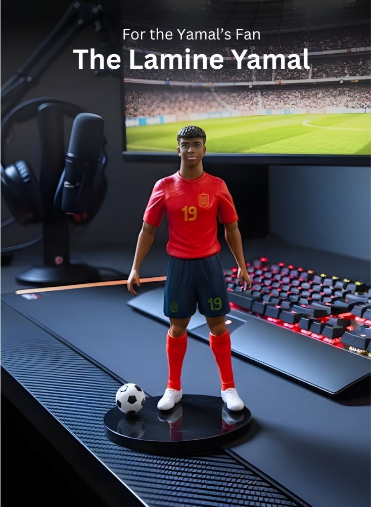 بريميم مجسم لامين يامال، نجم كرة القدم الشاب الإسباني رقم ١٩، بطول ٢٦ سم - تمثال فاخر قابل للتحصيل مع كرة قدم وقاعدة عرض، وقميص المنتخب الوطني الأحمر بتفاصيل دقيقة، ووضعية ديناميكية، إصدار خاص لهواة الجمع من المعجبين والمقتنين - Image 2